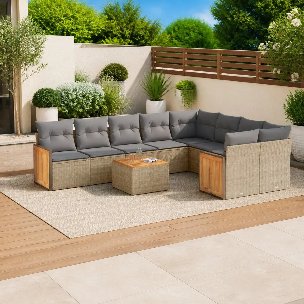 10 Piece Outdoor Garden Sofa Set PE Rattan Beige with Storage Cushions