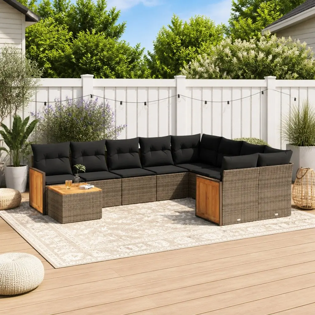 10 Piece Modular Garden Sofa Set PE Rattan with Acacia Wood Tabletop Outdoor Furniture Grey