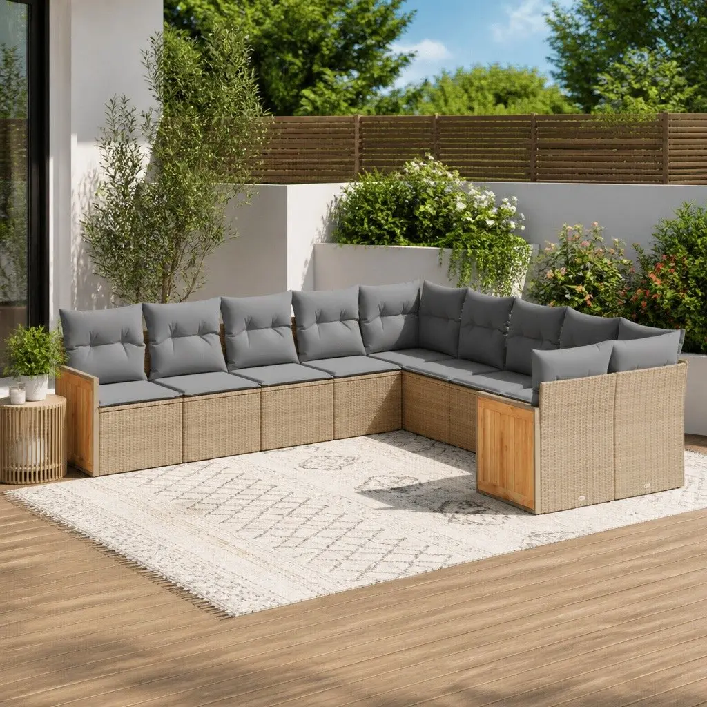 Garden Sofa Set 10 Piece Outdoor Furniture Patio Beige Poly Rattan Modular