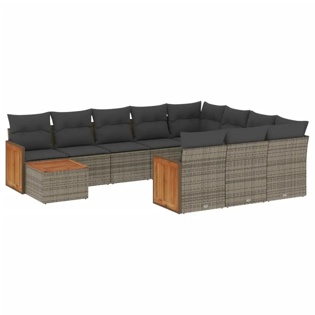 Garden Sofa Set 11 Piece Modular Outdoor Furniture PE Rattan Grey Acacia Wood Tabletop