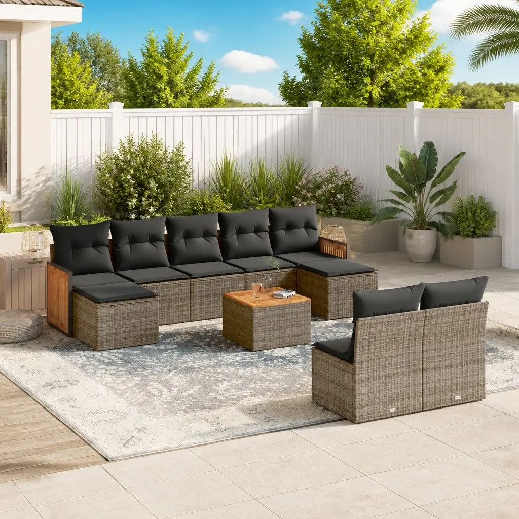 Garden Sofa Set 10 Piece Grey Poly Rattan Outdoor Furniture with Acacia Wood Tabletop