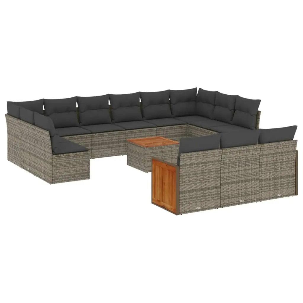Garden Sofa Set 14 Piece Modular Outdoor Furniture Grey PE Rattan Acacia Wood Table