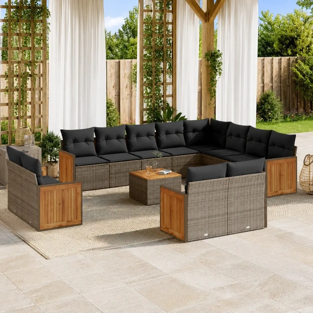 Garden Sofa Set 13 Piece Modular Grey PE Rattan Acacia Wood Outdoor Furniture