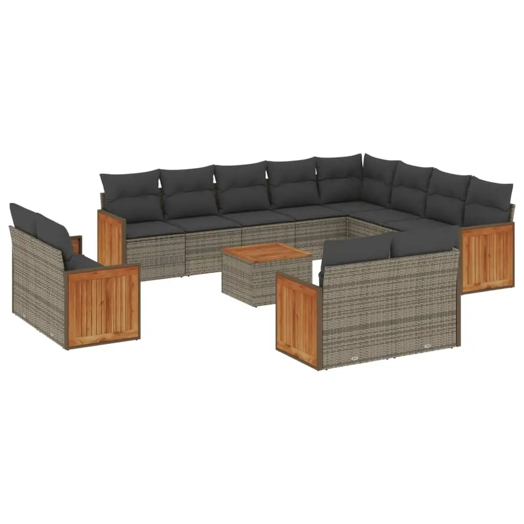 Garden Sofa Set 13 Piece Modular Grey PE Rattan Acacia Wood Outdoor Furniture