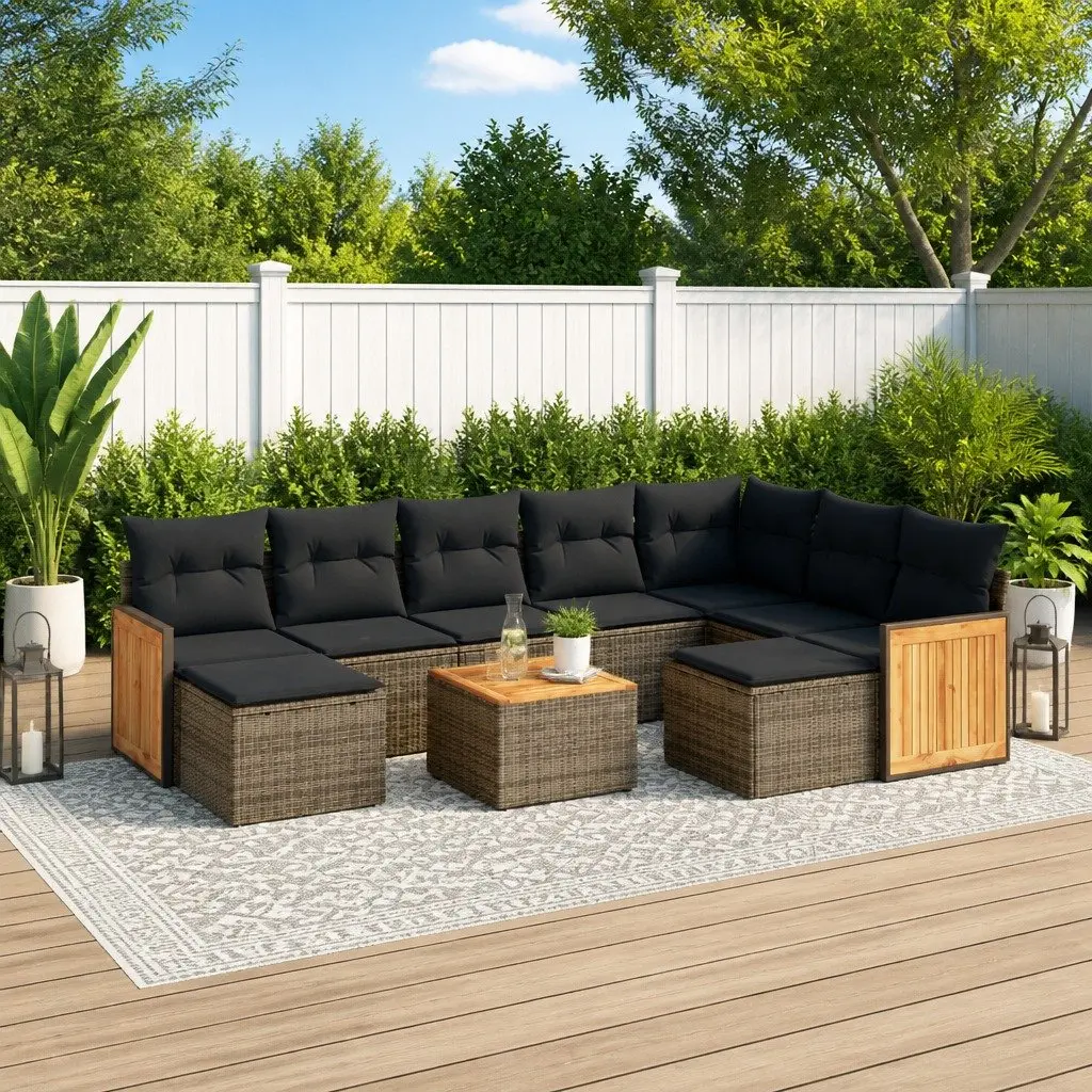 Modular Outdoor Furniture Set 10 Piece Grey PE Rattan Garden Sofa with Acacia Wood Tabletop and Storage Function