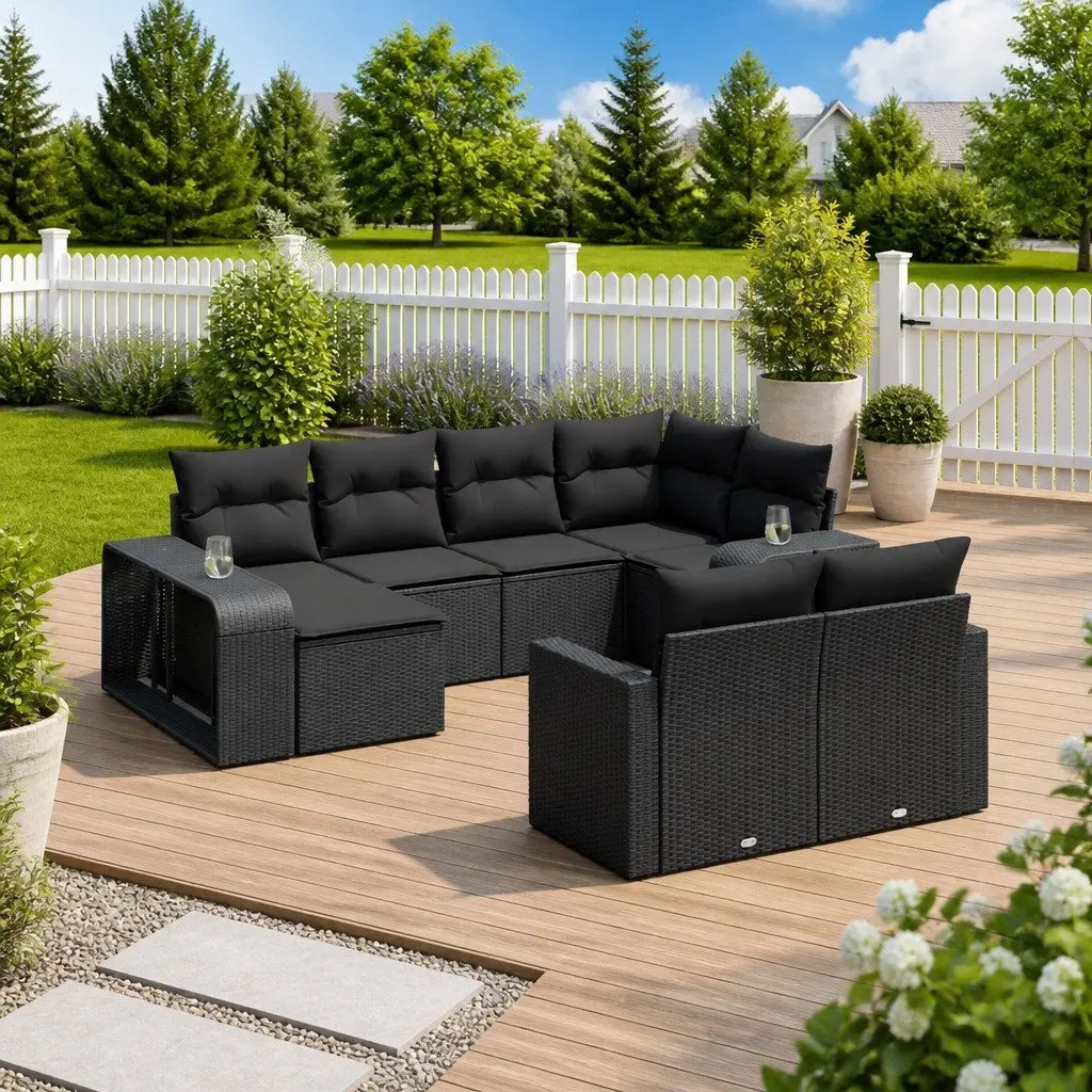10 Piece Outdoor Sectional Sofa Set Modular Black PE Rattan Garden Furniture