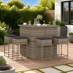 5 Piece Garden Bar Set Grey Rattan for Outdoor Living Spaces