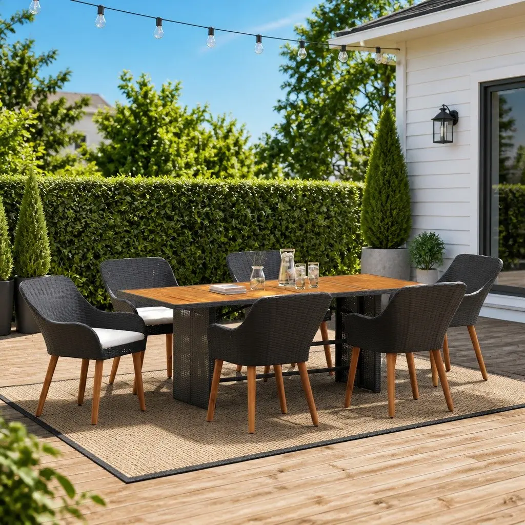 Outdoor Dining Set 7pc Black Poly Rattan Chairs