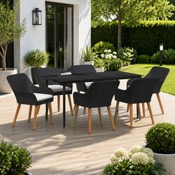 Outdoor Garden Dining Set 7 Piece Black Poly Rattan Table Chairs with Cushions