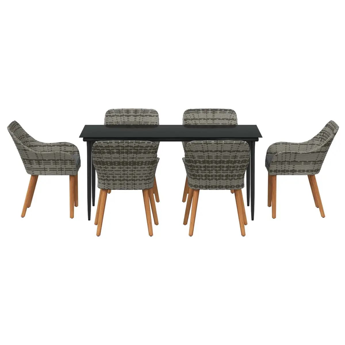 Outdoor Dining Set 7 Pieces Grey Weather Resistant Poly Rattan Cushions Tempered Glass Table