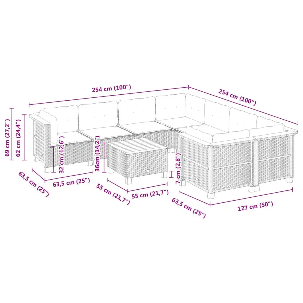 Garden Sofa Set PE Rattan Modular 9 Piece Outdoor Furniture Black with Cushions