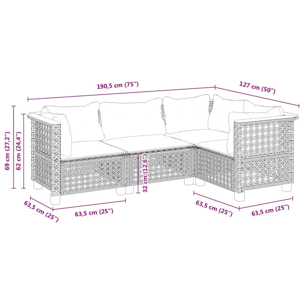 Garden Sofa Set PE Rattan Modular 4 Piece Grey Outdoor Furniture with Cushions