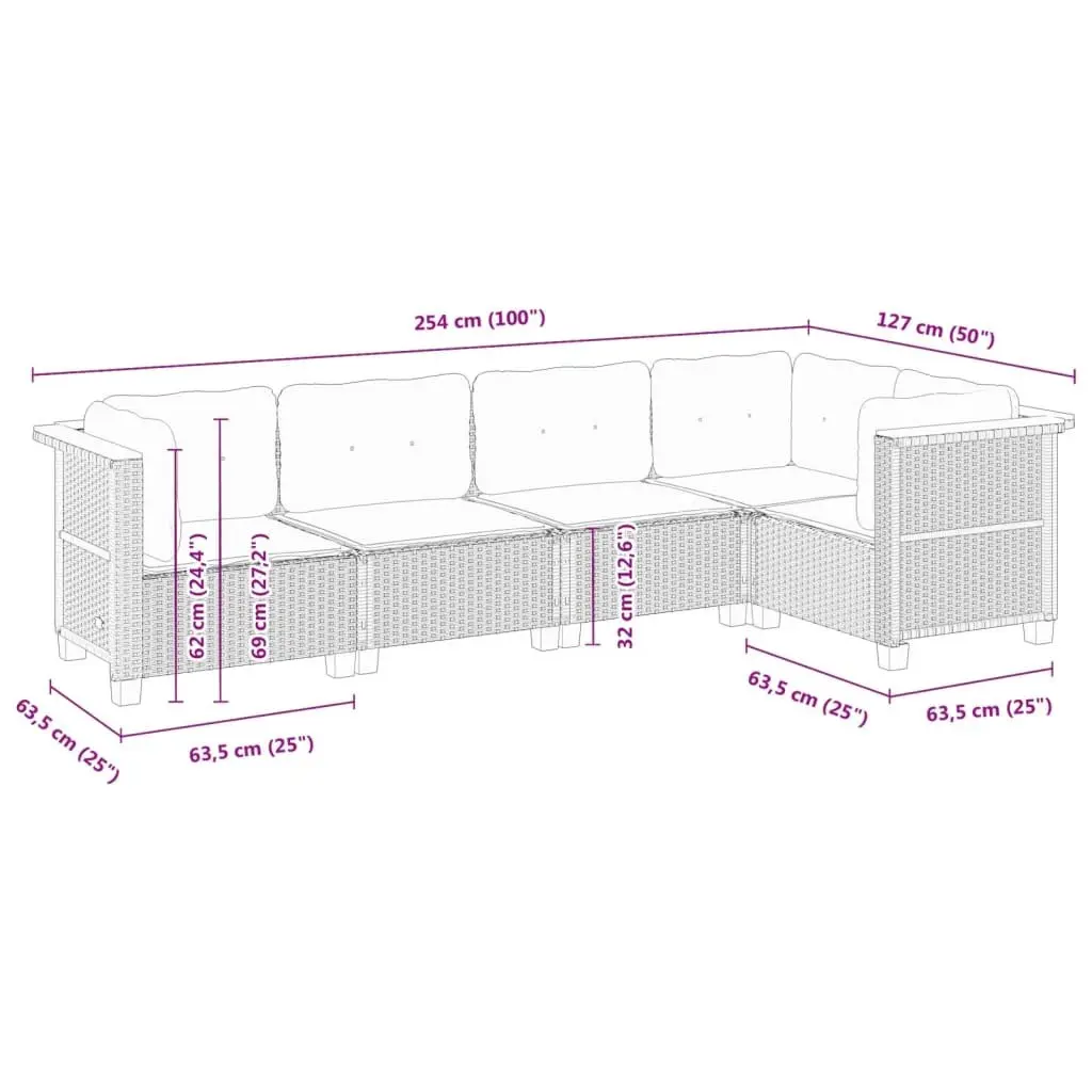 Garden Sofa Set 5 Piece Outdoor Furniture Black Poly Rattan Modular Patio