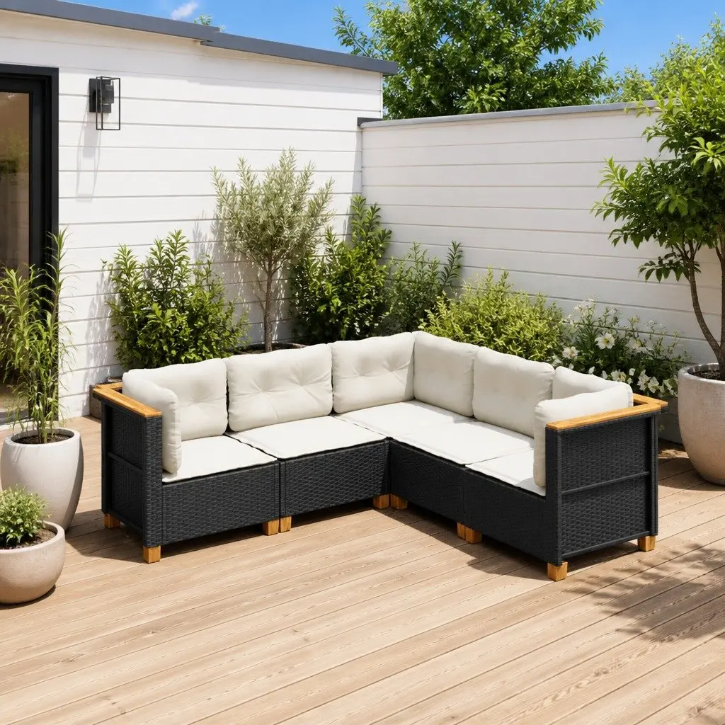 5 Piece Modular Garden Sofa Set Black PE Rattan with Cushions for Outdoor Patio