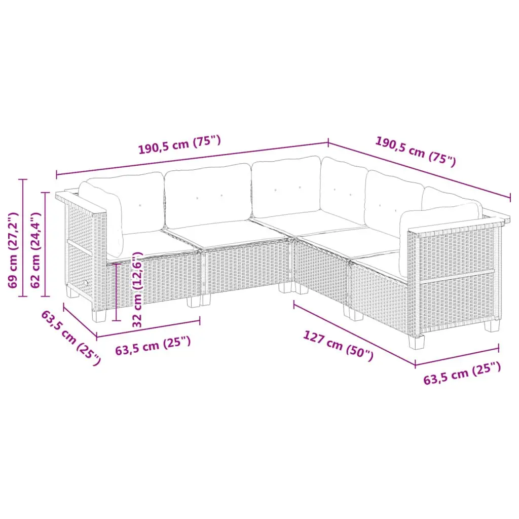 5 Piece Modular Garden Sofa Set Black PE Rattan with Cushions for Outdoor Patio