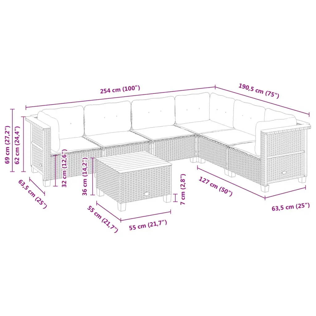 7 Piece Outdoor Garden Sofa Set PE Rattan Construction Black Colour