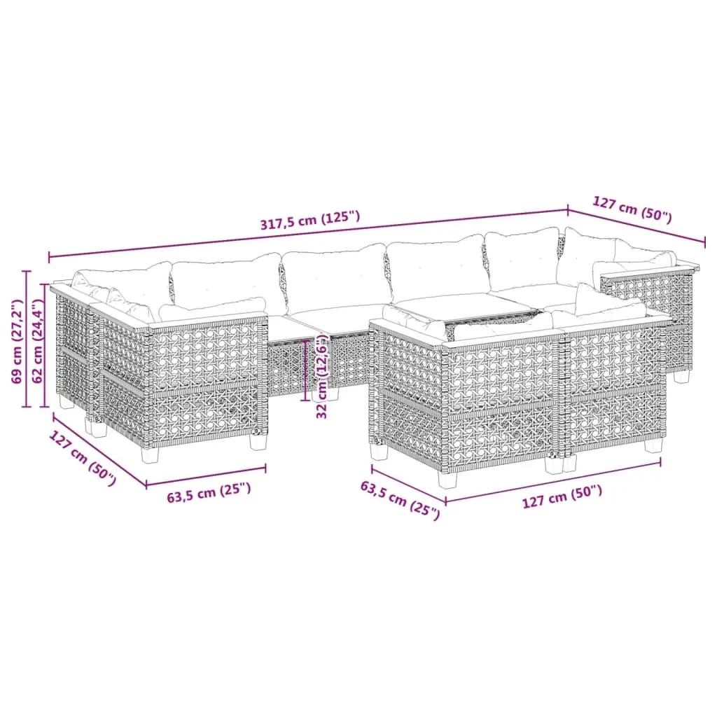 9 Piece Patio Furniture Set Black Weather Resistant PE Rattan Modular Sofa with Cushions