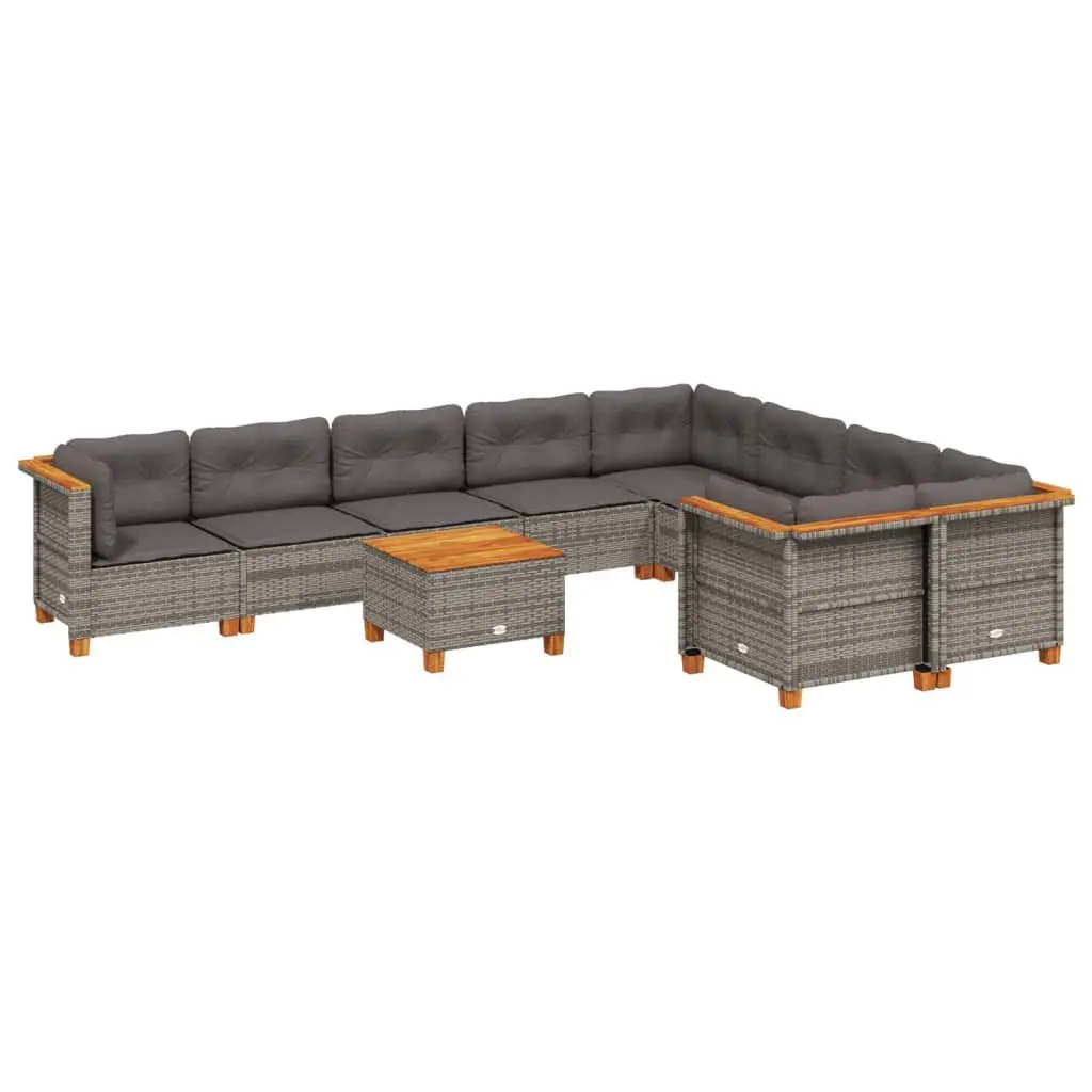 Garden Sofa Set Modular PE Rattan 10 Piece Outdoor Furniture Grey with Acacia Wood Table Top and Padded Cushions