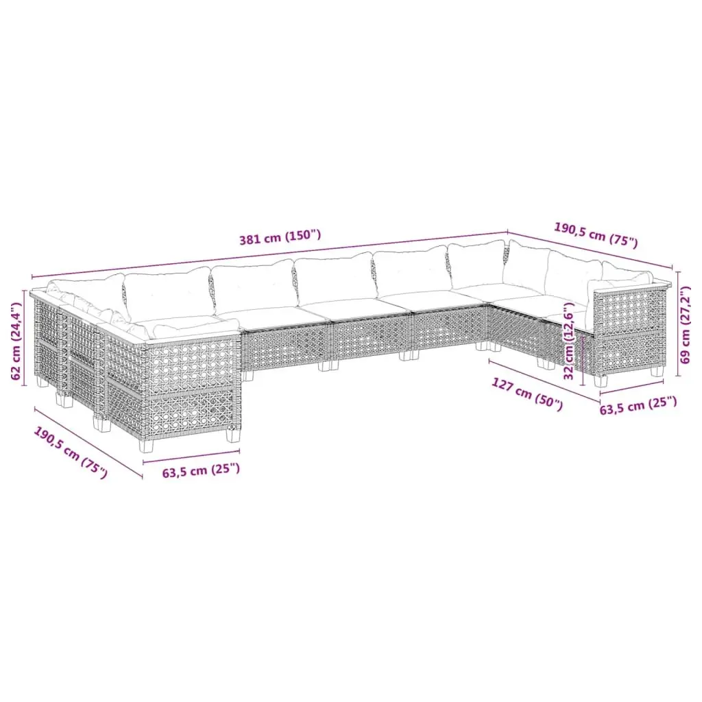 10 Piece Outdoor Garden Sofa Set PE Rattan Modular Black with Cushions