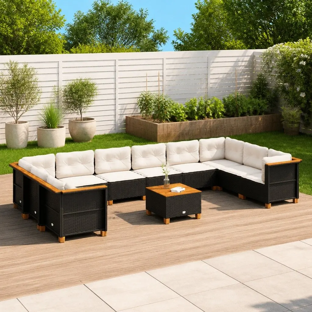 11 Piece Outdoor Garden Sofa Set PE Rattan Furniture with Cushions Black