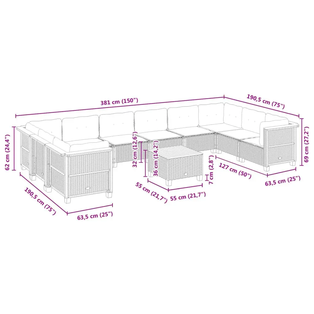 Garden Sofa Set PE Rattan 11 Piece Outdoor Patio Furniture with Cushions Grey