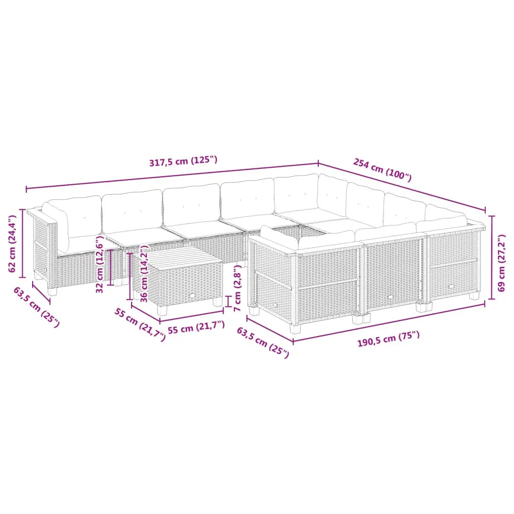 Outdoor Garden Sofa Set PE Rattan 11 Piece Black Modular Furniture
