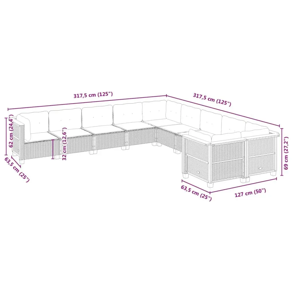 10 Piece Garden Sofa Set PE Rattan Modular Outdoor Patio Furniture Grey