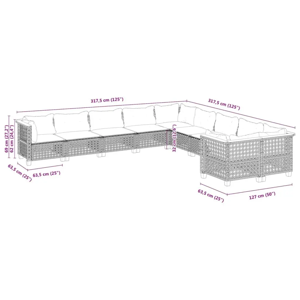 Garden Sofa Set PE Rattan Modular 10 Piece Grey with Cushions