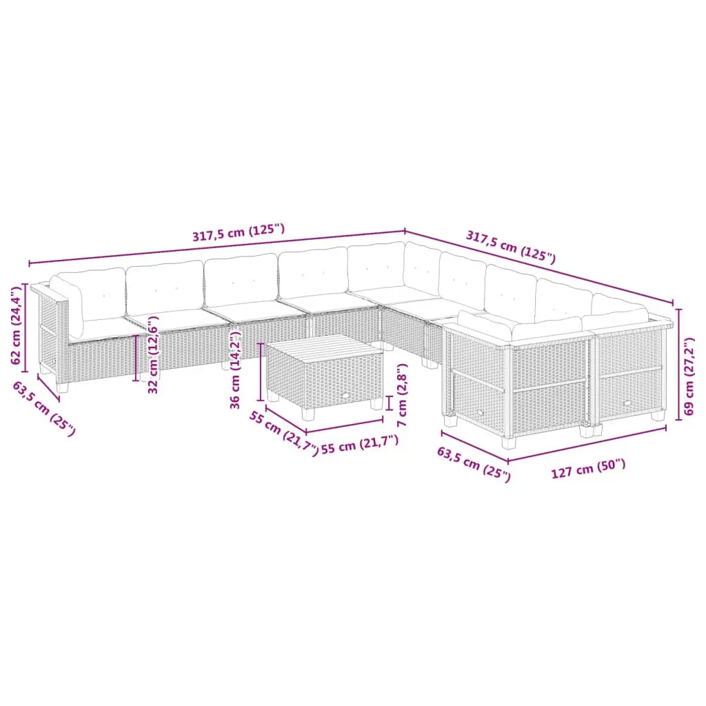Outdoor Garden Sofa Set 11 Piece Grey Poly Rattan Patio Furniture with Cushions