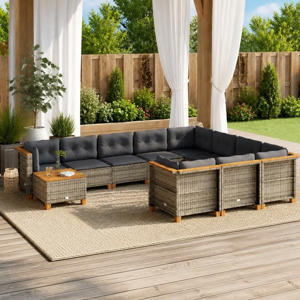 11 Piece Modular Outdoor Sofa Set with PE Rattan Construction Acacia Wood Tabletop Thick Cushions in Grey for Patio and Garden Relaxation