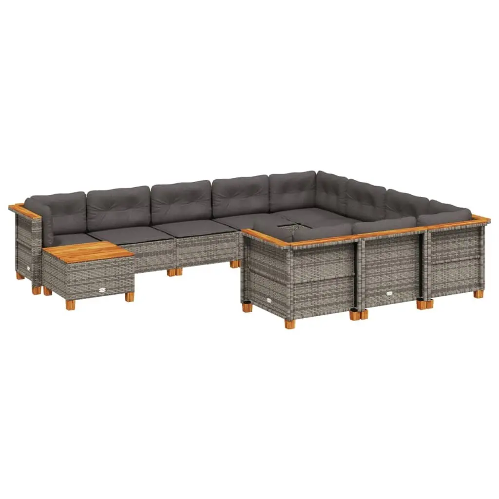 11 Piece Modular Outdoor Sofa Set with PE Rattan Construction Acacia Wood Tabletop Thick Cushions in Grey for Patio and Garden Relaxation