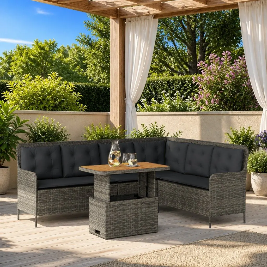 Garden Sofa Set 2 Piece Grey PE Rattan Outdoor Furniture with Acacia Wood Tabletop and Cushions