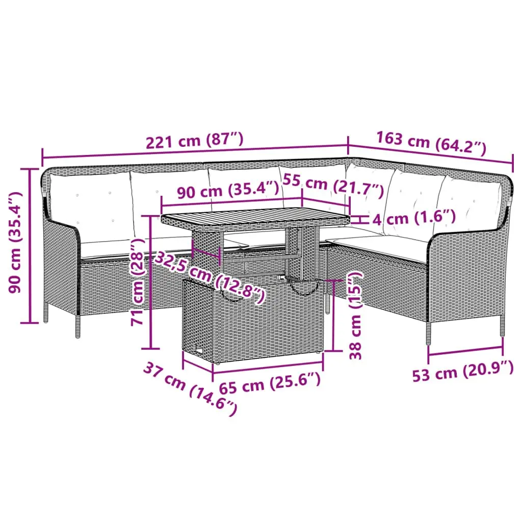 Garden Sofa Set 2 Piece Grey PE Rattan Outdoor Furniture with Acacia Wood Tabletop and Cushions
