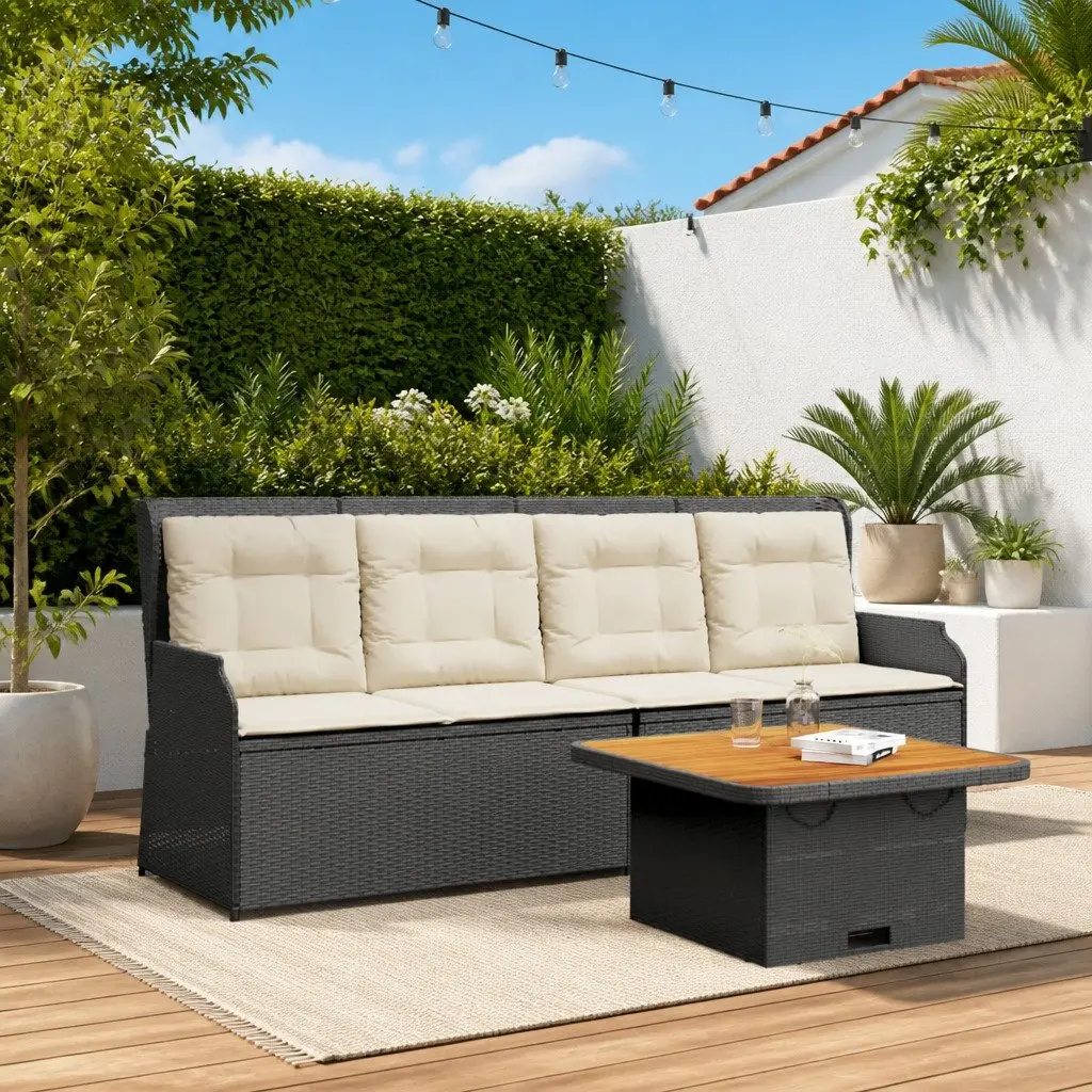 3 Piece Garden Lounge Set PE Rattan Black with Cushions Acacia Wood Tabletop