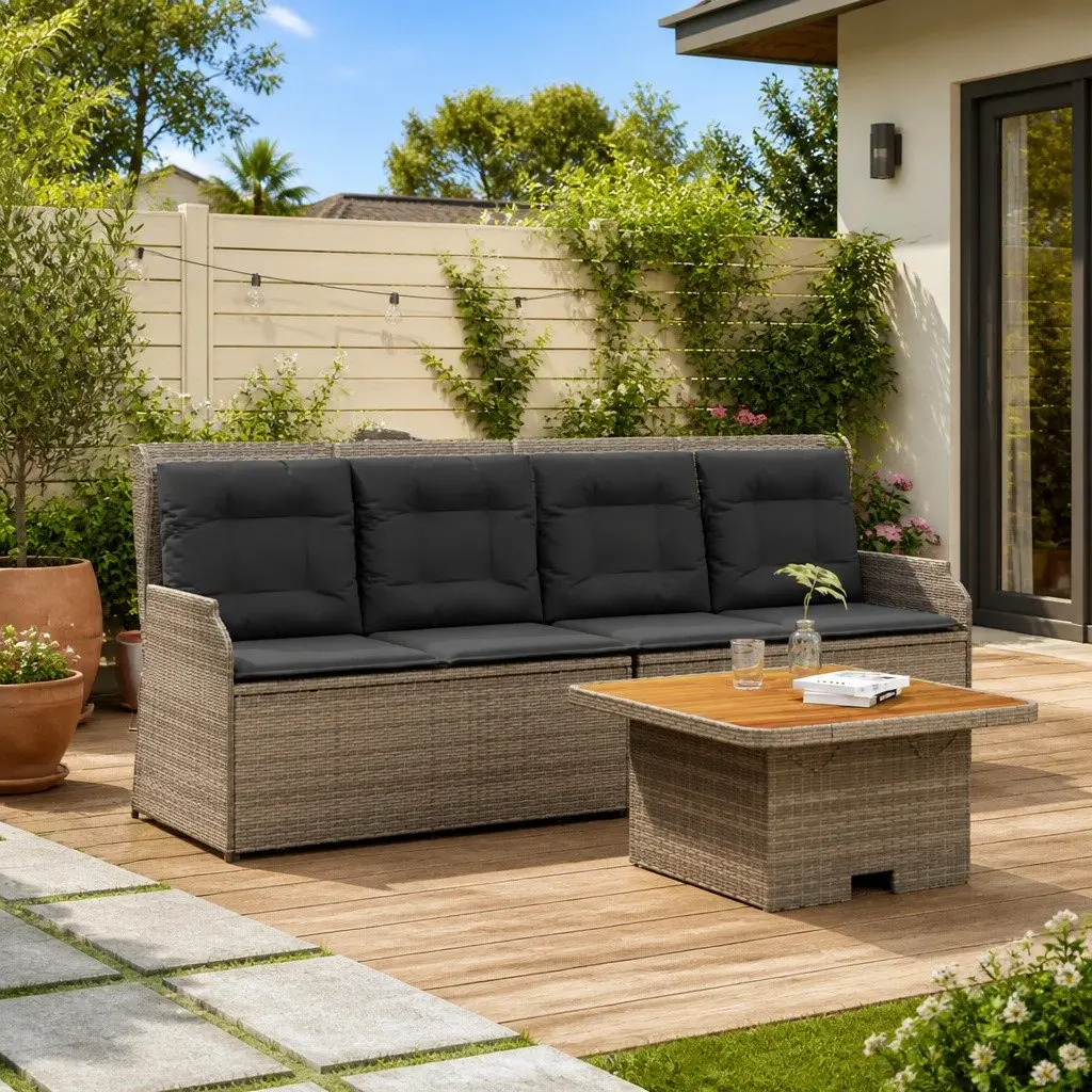 3 Piece Garden Lounge Set Poly Rattan Grey Cushions Table