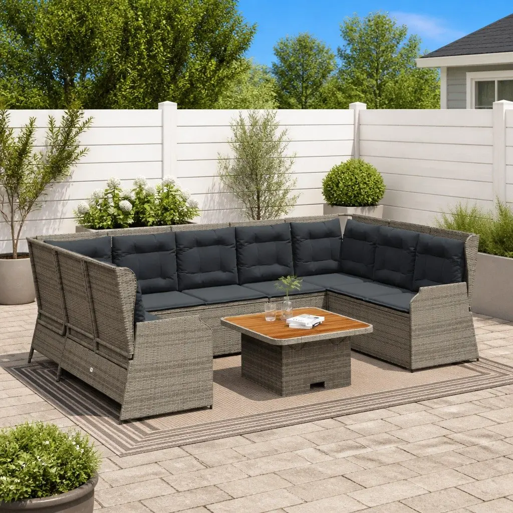 Garden Lounge Set 7 Pieces Grey PE Rattan Powder Coated Steel Acacia Wood Tabletop Outdoor Furniture