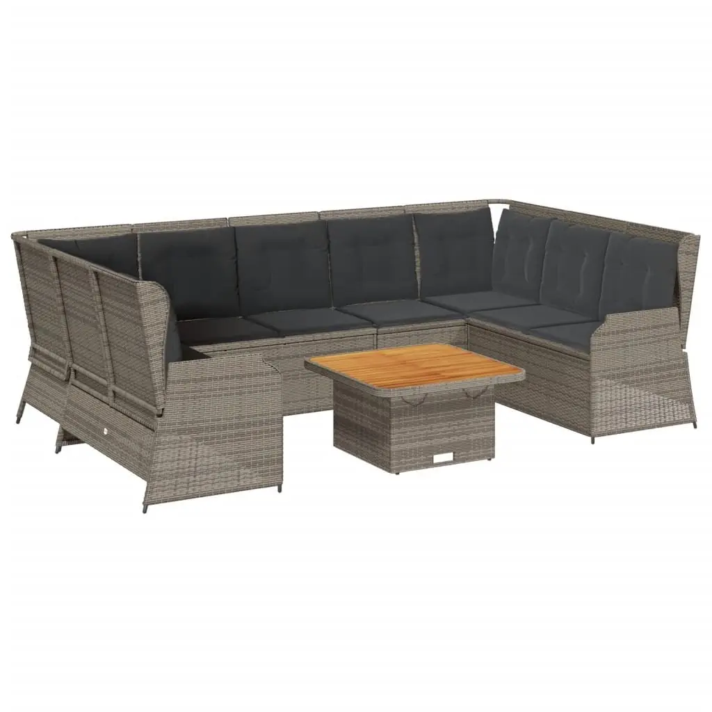 Garden Lounge Set 7 Pieces Grey PE Rattan Powder Coated Steel Acacia Wood Tabletop Outdoor Furniture