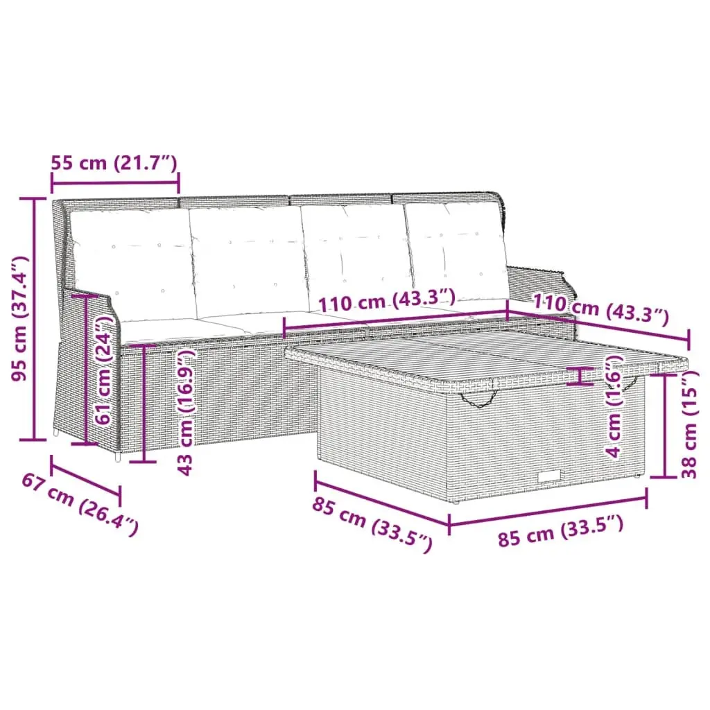 3 Piece Garden Sofa Set PE Rattan Powder-coated Steel Grey with Cushions