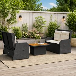 3 Piece Outdoor Lounge Set Black Poly Rattan Garden Furniture with Cushions
