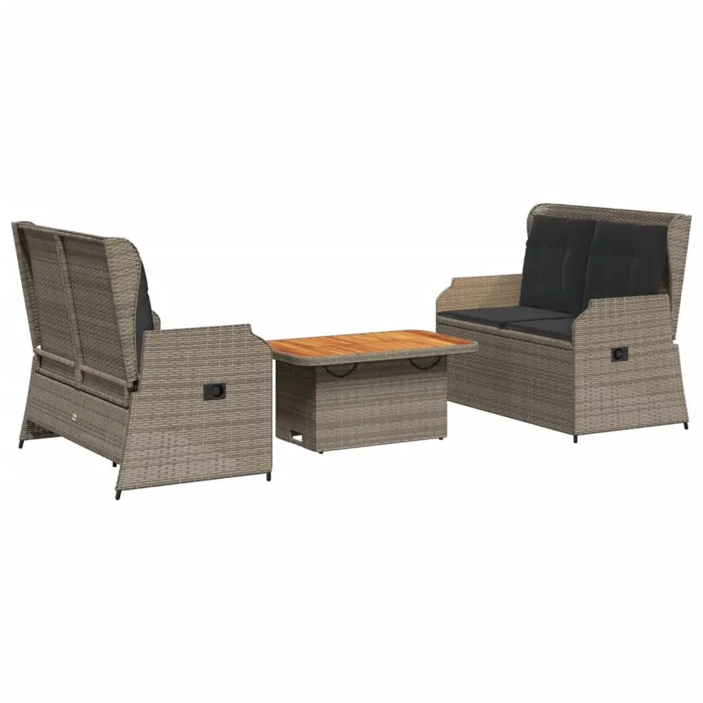 3 Piece Outdoor Furniture Set Grey PE Rattan Lounge with Cushions and Adjustable Backrest Acacia Wood Table Top
