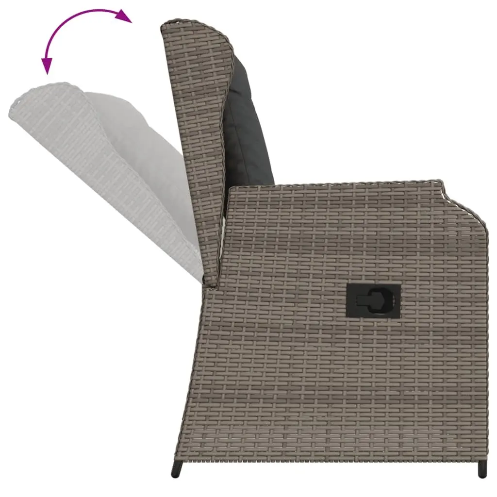 3 Piece Outdoor Furniture Set Grey PE Rattan Lounge with Cushions and Adjustable Backrest Acacia Wood Table Top