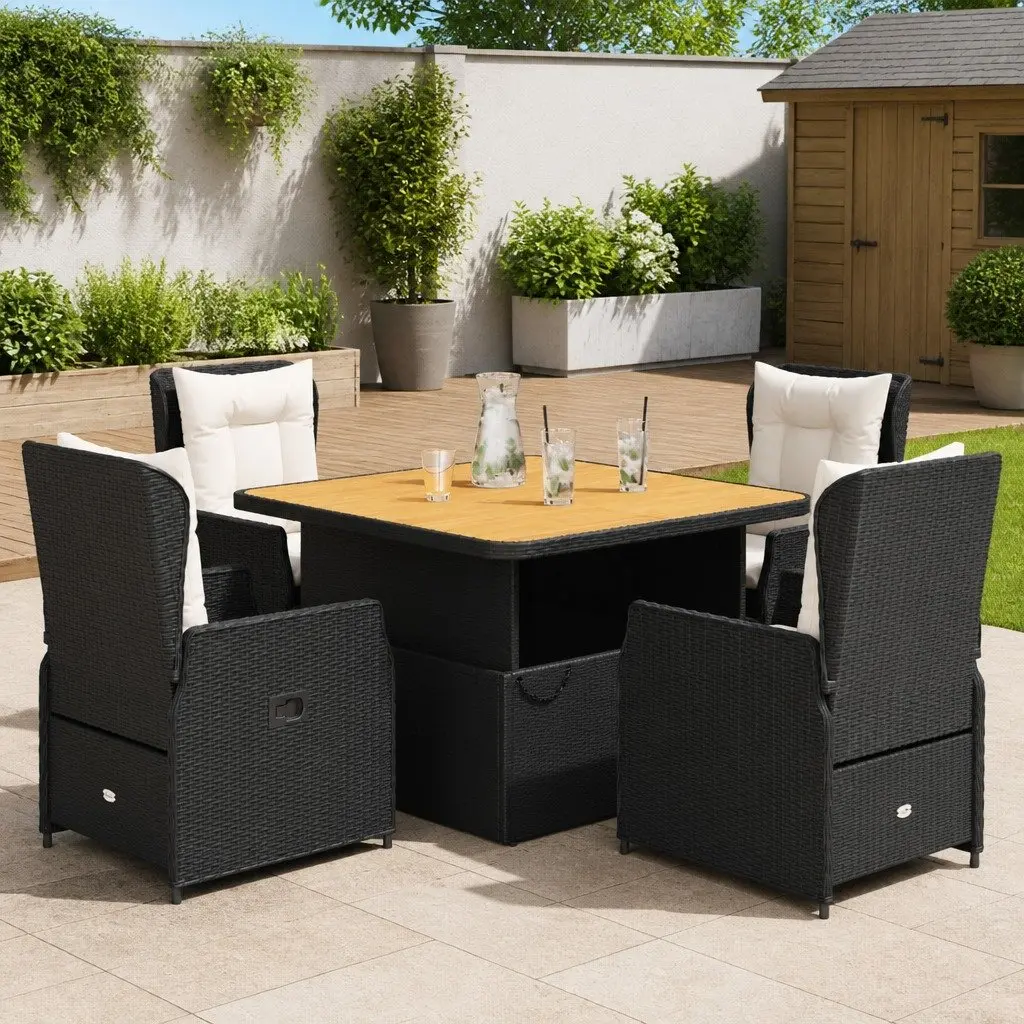 5 Piece Garden Dining Set Black Poly Rattan Outdoor Furniture with Cushions