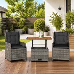 3 Piece Outdoor Bistro Set Grey Poly Rattan Garden Furniture Adjustable Backrest