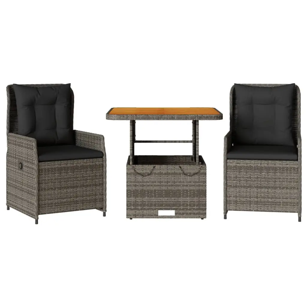 3 Piece Bistro Set PE Rattan Adjustable Backrest Grey Acacia Wood Table