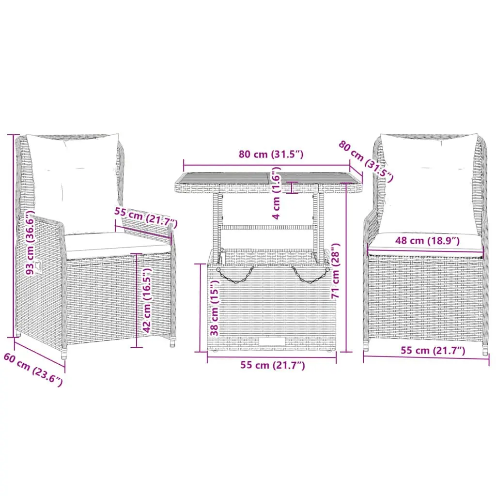 3 Piece Bistro Set PE Rattan Adjustable Backrest Grey Acacia Wood Table