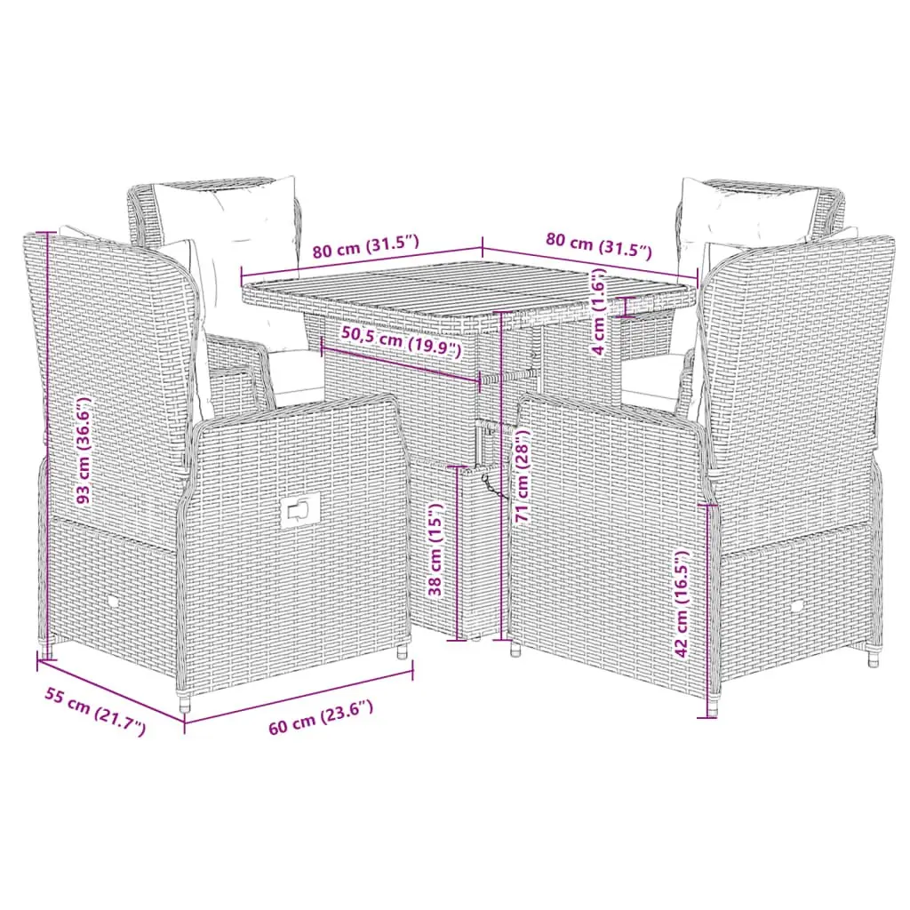 Garden Dining Set 5 Piece Outdoor Furniture Grey Poly Rattan Adjustable Backrest