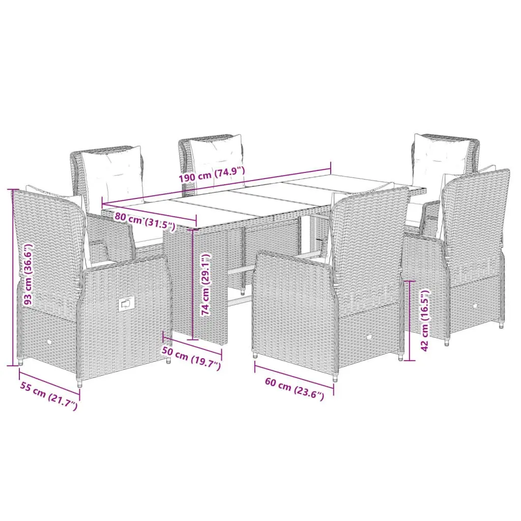 7 Piece Garden Furniture Set Black PE Rattan Outdoor Dining Set with Cushions and Tempered Glass Tabletop