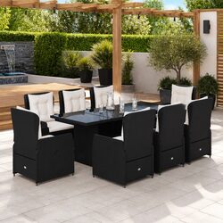 9 Piece Garden Dining Set Black Poly Rattan Outdoor Furniture Patio Table Chairs