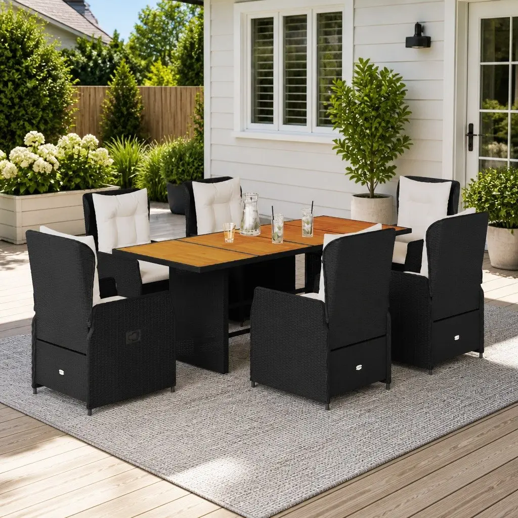Garden Dining Set PE Rattan 7 Piece Outdoor Patio Furniture Black Acacia Wood Tabletop