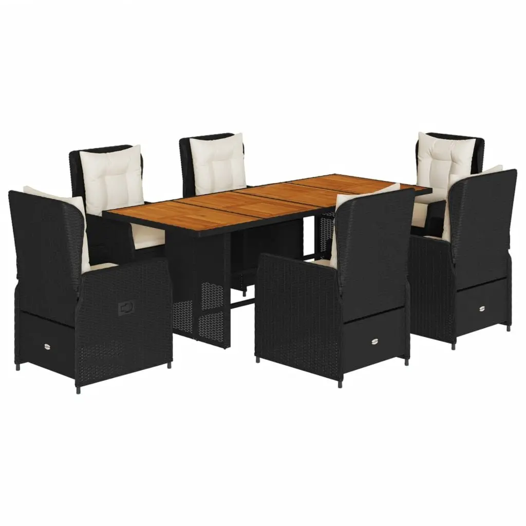 Garden Dining Set PE Rattan 7 Piece Outdoor Patio Furniture Black Acacia Wood Tabletop